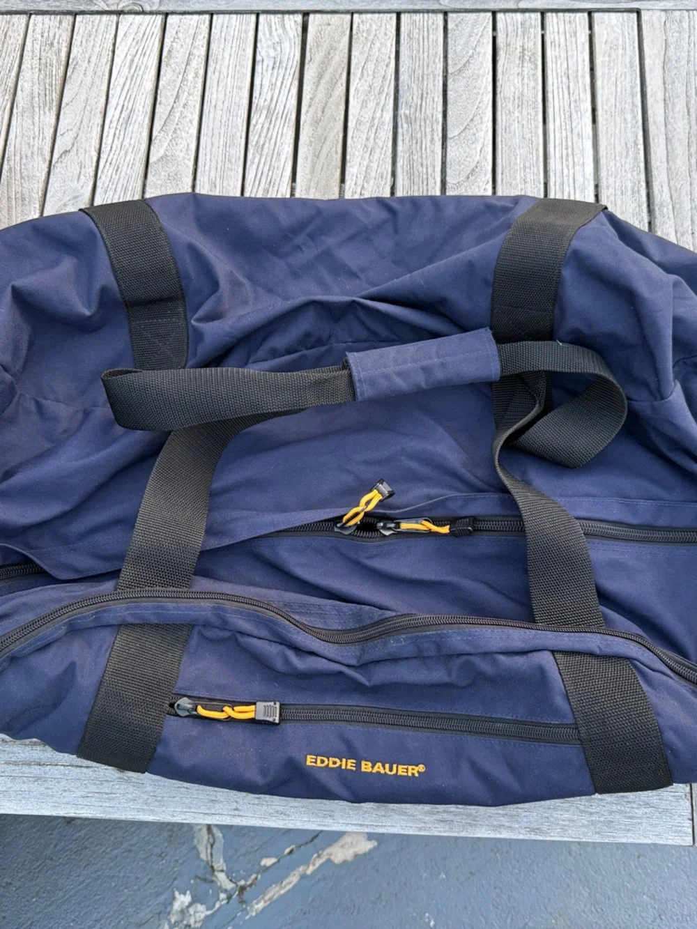 Eddie Bauer Navy Duffel with Yellow Zipper Pulls